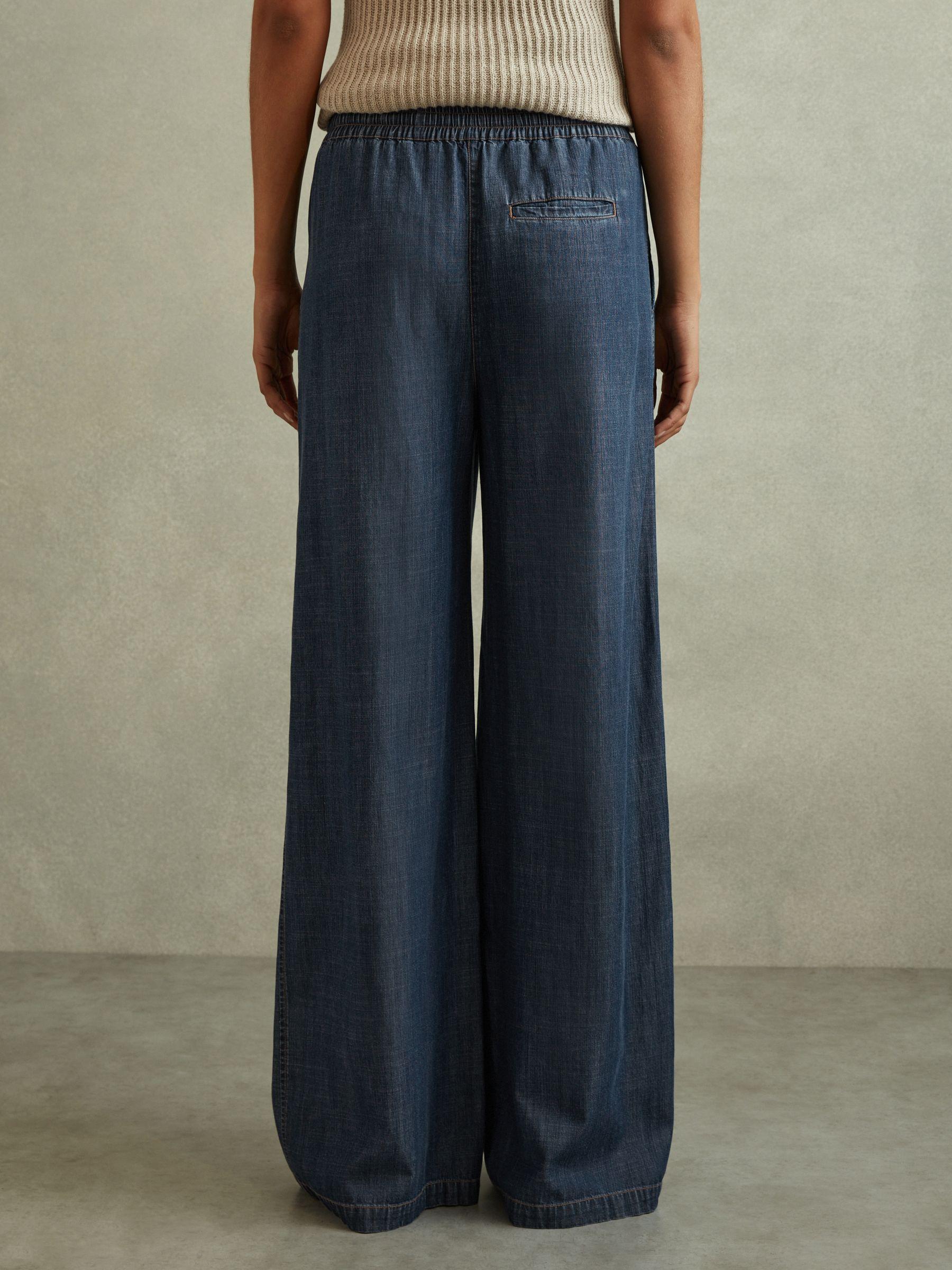 Denim Look Wide Leg Trousers in Mid Blue Product Image