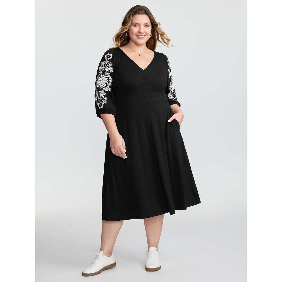 Plus Size Floral Embroidered V-Neck Pockets Midi Dress Black Women Embroidered V-neck Elbow-length sleeve Curvy BloomChic 28/5X Product Image