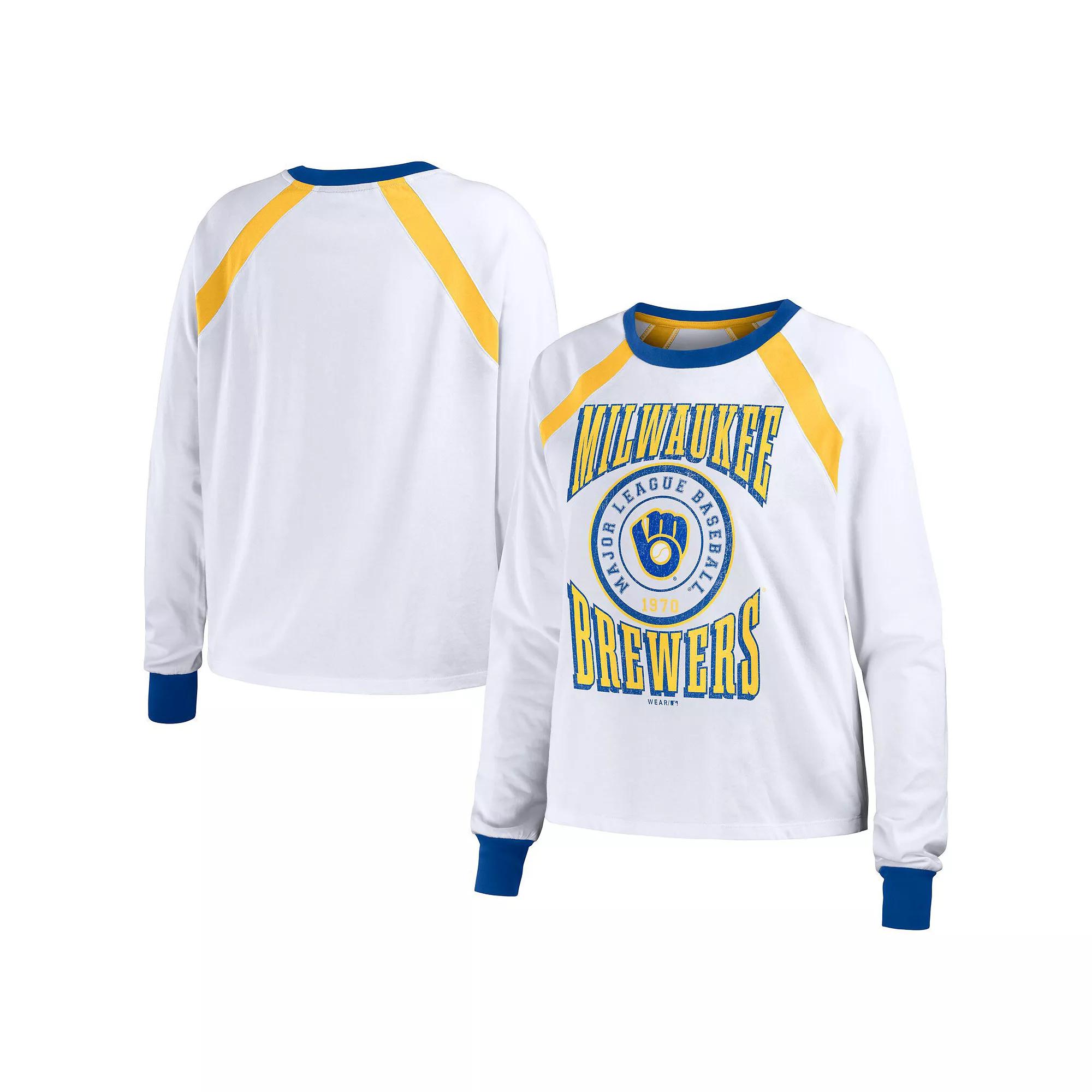 Women's WEAR by Erin Andrews White Milwaukee Brewers Raglan Long Sleeve T-Shirt, Size: Small Product Image