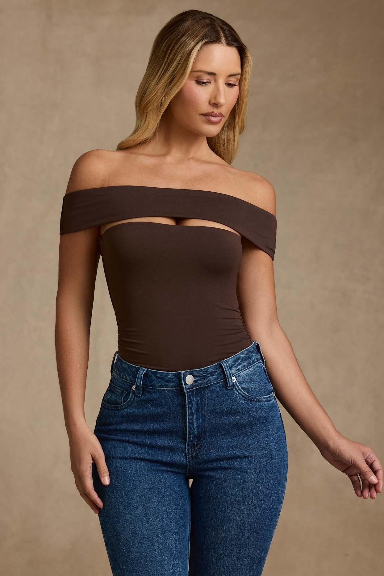 Modal Cut-Out Off-Shoulder Bodysuit in Chocolate Brown Female Product Image