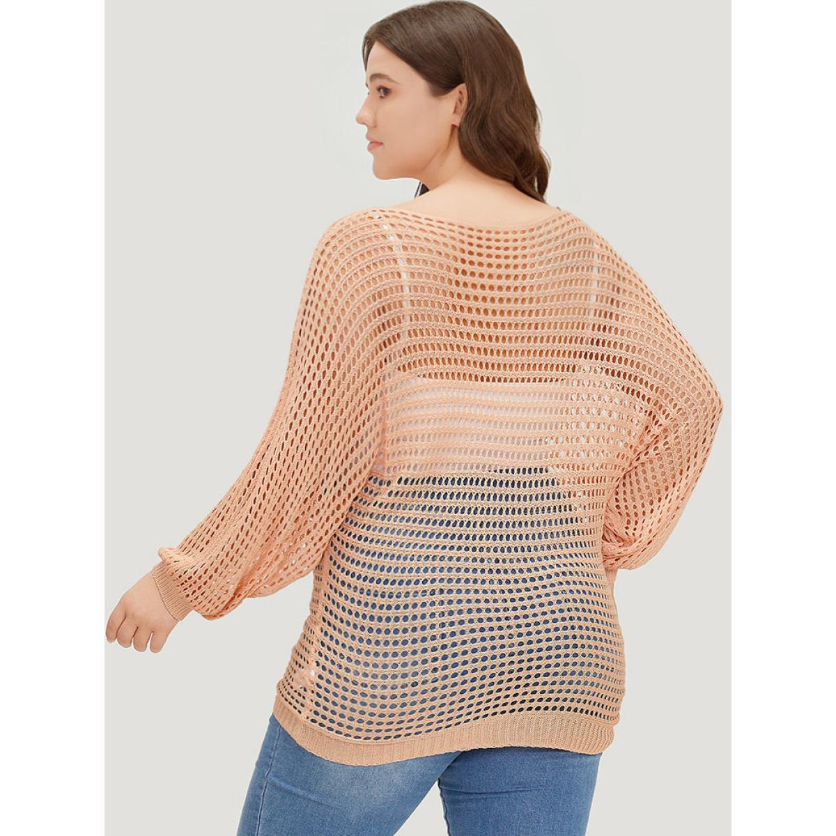 Plus Size UltraCool Solid Hollow Out Batwing Sleeve Pullover Salmon Women Casual Loose Long Sleeve Round Neck Everyday Pullovers BloomChic 28/5X Product Image