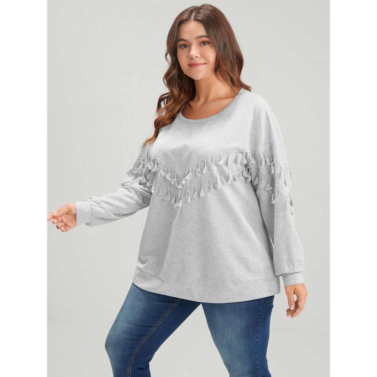 Plus Size Solid Round Neck Tassels Drop Shoulder Sweatshirt Women LightGray Casual Patchwork Round Neck Dailywear Sweatshirts BloomChic 18-20/2X Product Image