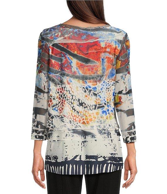 Ali Miles Burnout Knit Abstract Print Round Neck 3/4 Sleeve Tunic Product Image