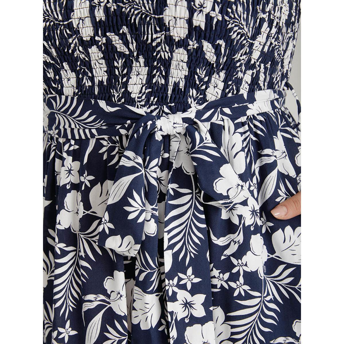 Plus Size Floral Print Spaghetti Strap Shirred Belted Pocket Dress DarkBlue Women Elegant Belted Spaghetti Strap Sleeveless Curvy Midi Dress BloomChic 30/6X Product Image