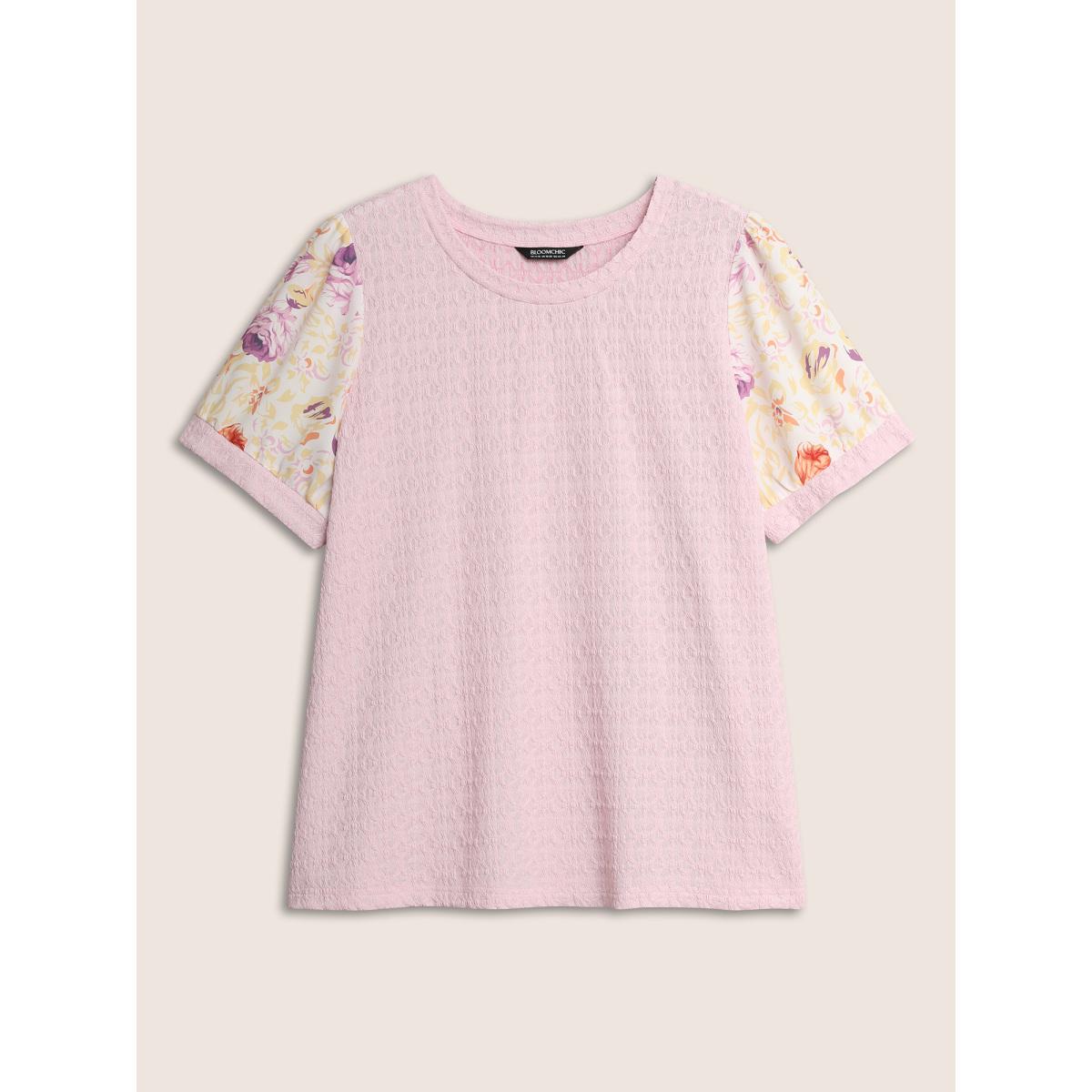 Plus Size Crew Neck Textured Patchwork Floral T-shirt Lightpink Women Elegant Texture Natural Flowers Round Neck Everyday T-shirts BloomChic 18-20/2X Product Image