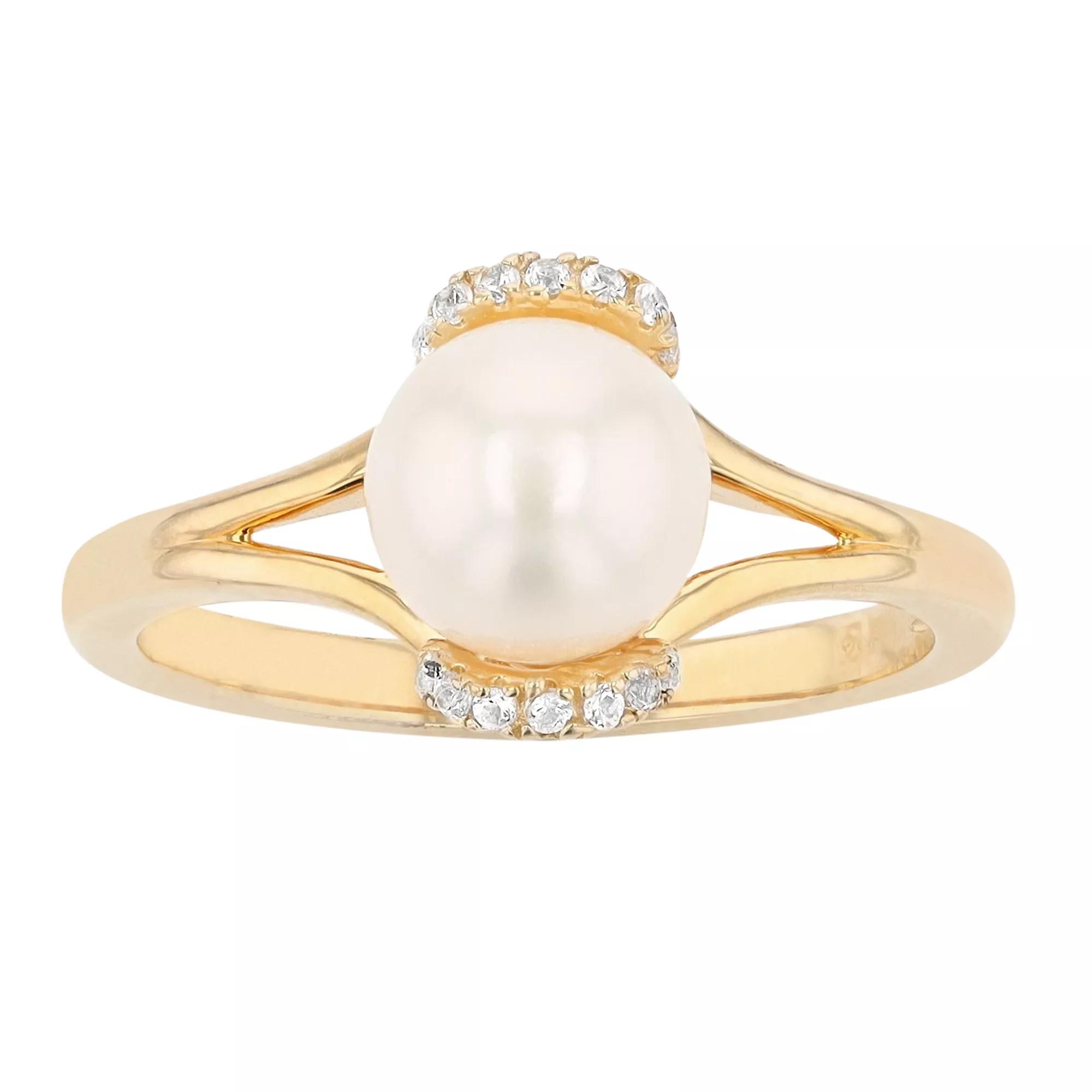 14k Gold Over Silver Freshwater Cultured Pearl & Lab-Created White Sapphire Ring, Women's, Size: 8 Product Image