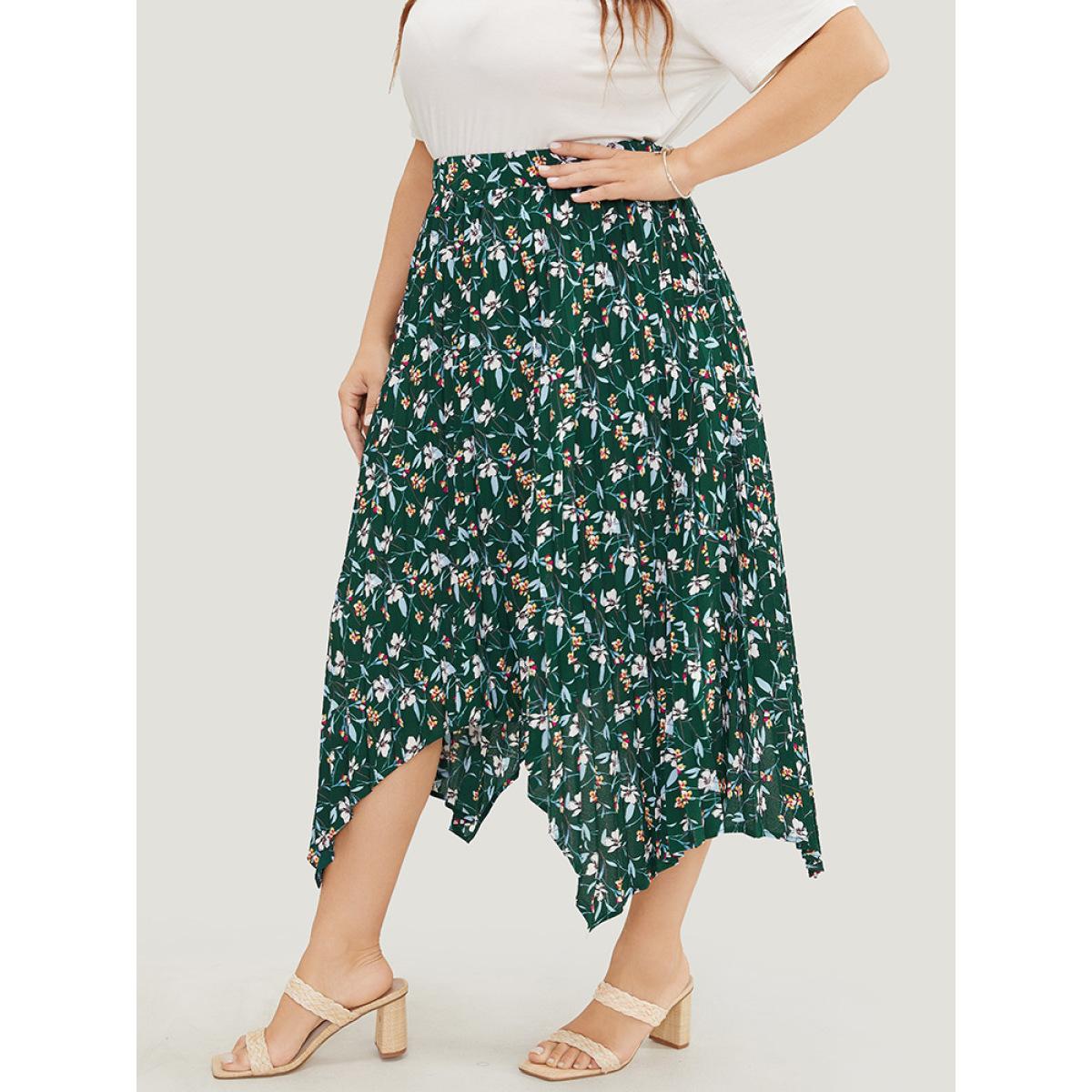 Plus Size Ditsy Floral Pleated Hanky Hem Skirt Women DarkGreen Elegant Asymmetrical No stretch Dailywear Skirts BloomChic 14-16/1X Product Image