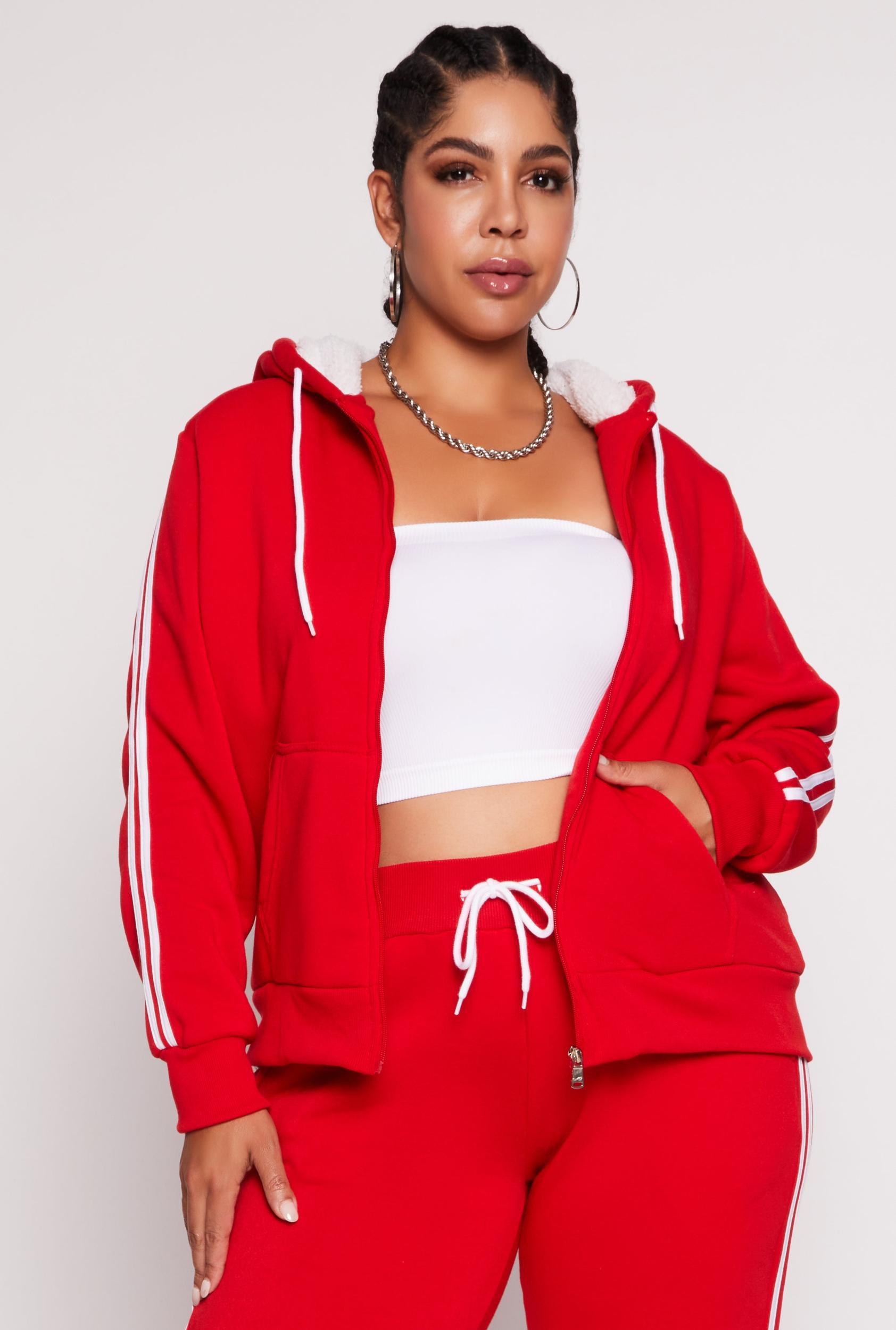 Womens Plus Size Varsity Stripe Zip Front Sherpa Lined Hoodie Product Image