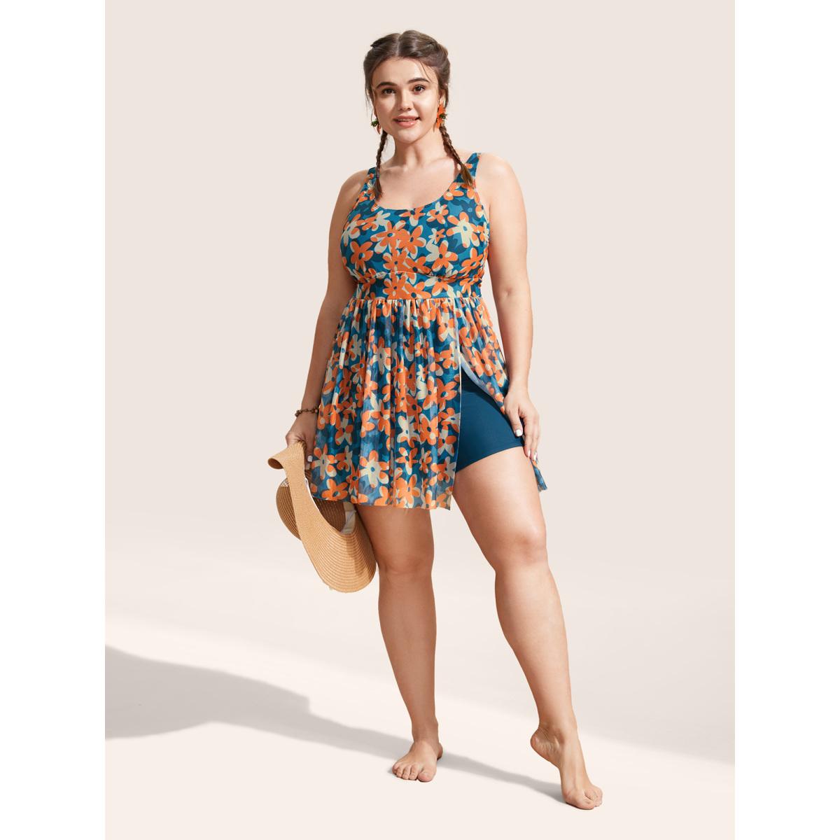 Plus Size Ditsy Floral Slit Hem See Through Swim Dress Women's Swimwear Multicolor Beach Bodycon U-neck High stretch Curve Swim Dresses BloomChic 22-24/3X Product Image