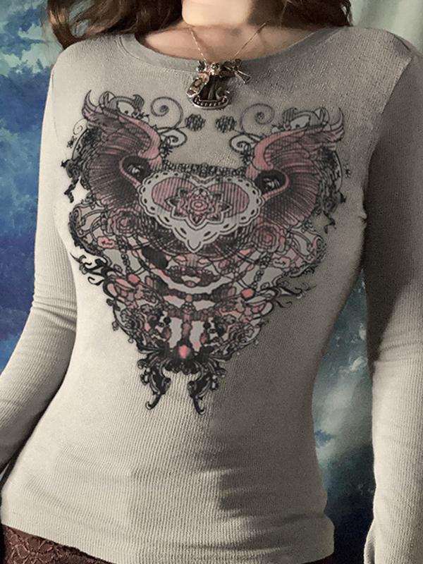 Vintage Abstract Print Slim Long Sleeve Knit Product Image