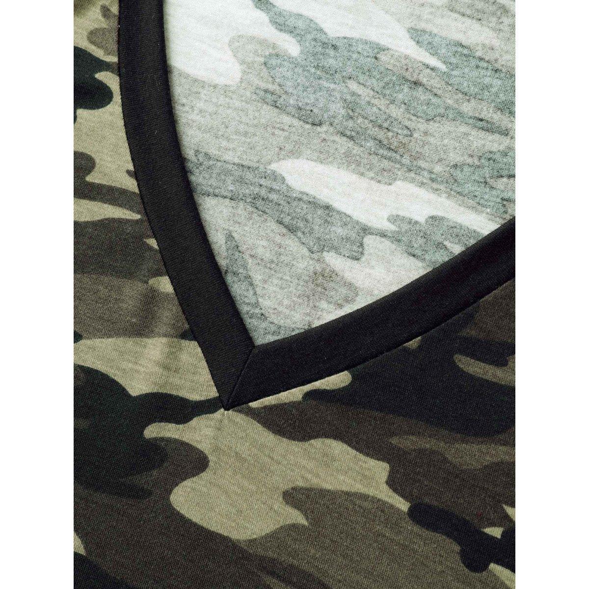 Plus Size Camouflage Print Raglan Sleeve T-Shirt Black Women Leisure Contrast V-neck Casual T-shirts BloomChic 10/M Product Image