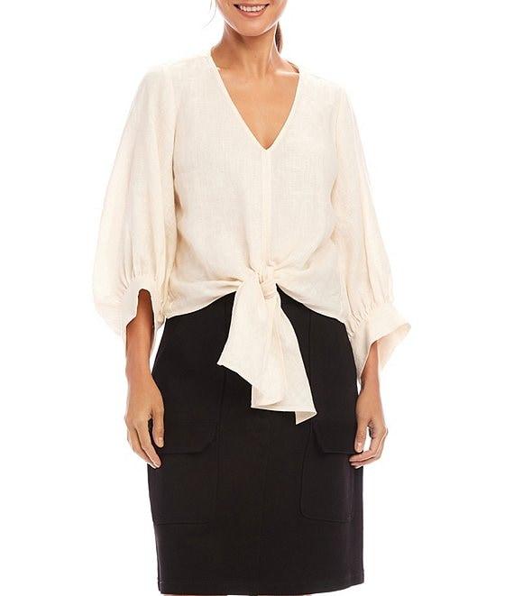 Karen Kane Linen 3/4 Sleeve V-Neck Tie Front Blouse Product Image