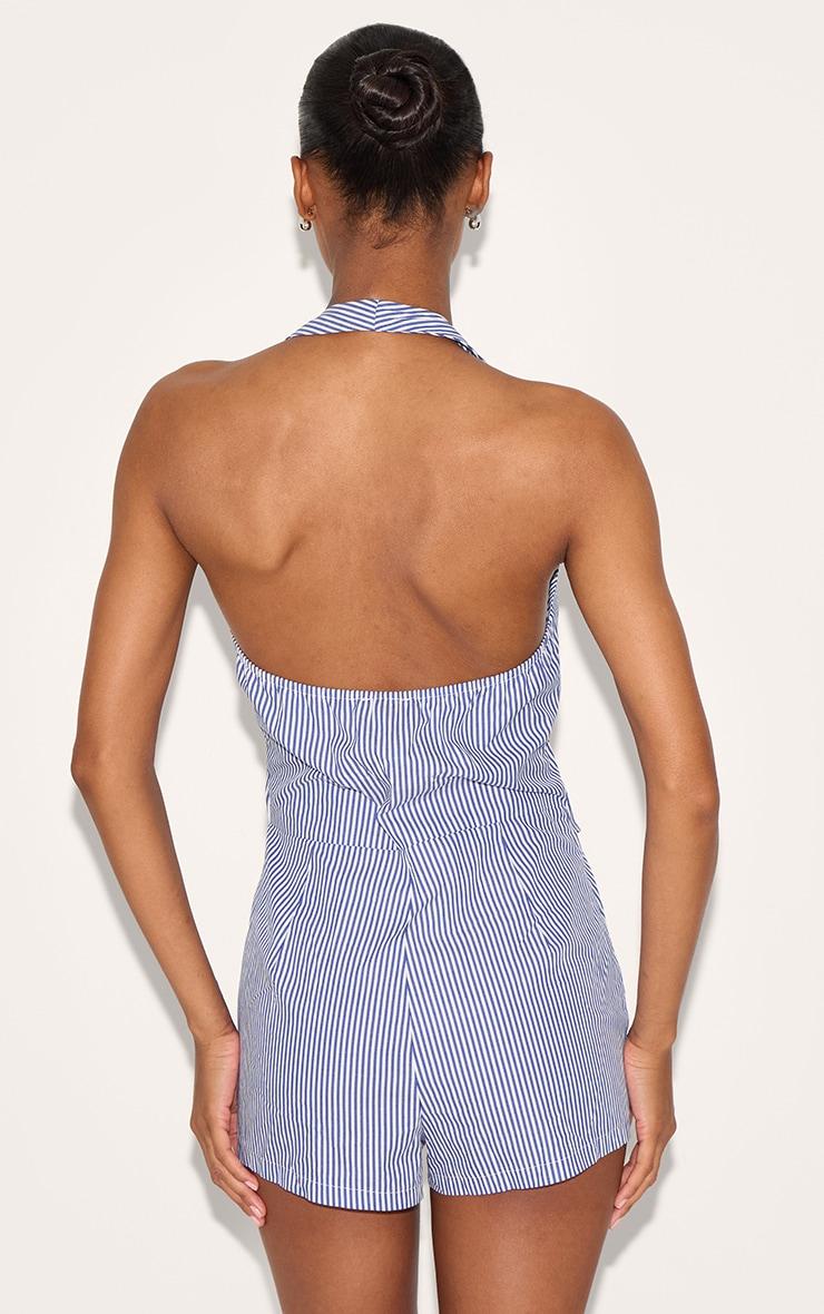 Blue Pinstripe Halter Vest Tailored Romper Product Image