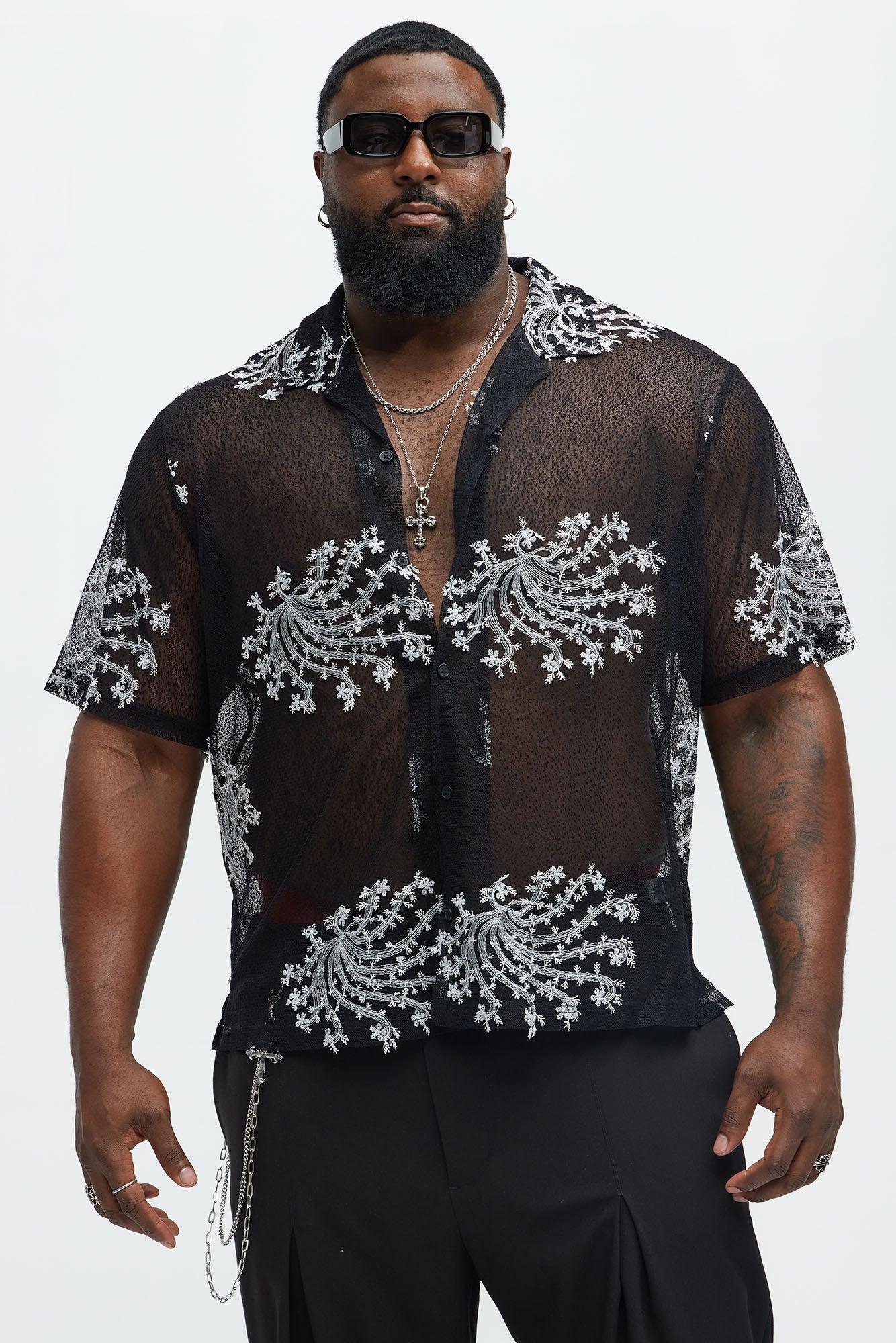 Plant Embroidered Cuban Mesh Shirt - Black Product Image