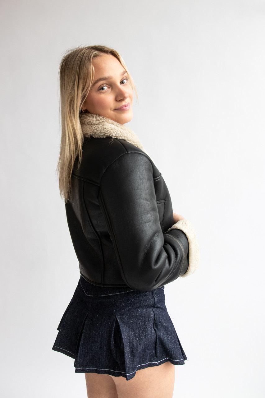 Faux Fur Lined Pleather Bomber Jacket Product Image