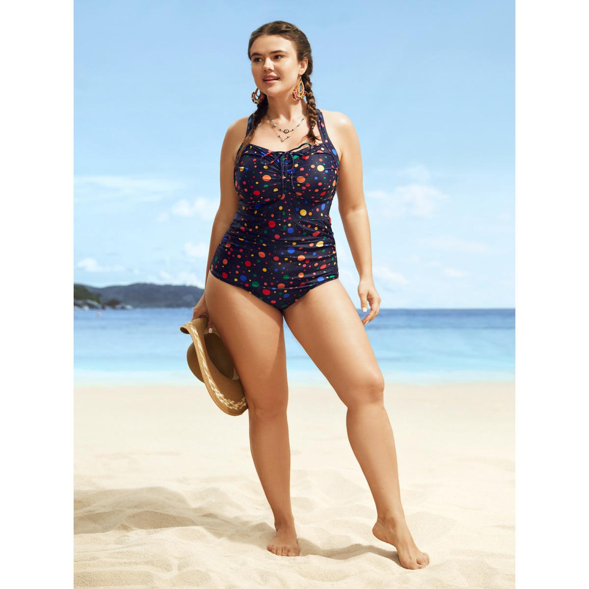 Plus Size Colored Polka Dot Ties Ruched One Piece Swimsuit Women's Swimwear Indigo Beach Tie knot Curve Bathing Suits High stretch One Pieces BloomChic 10/M Product Image
