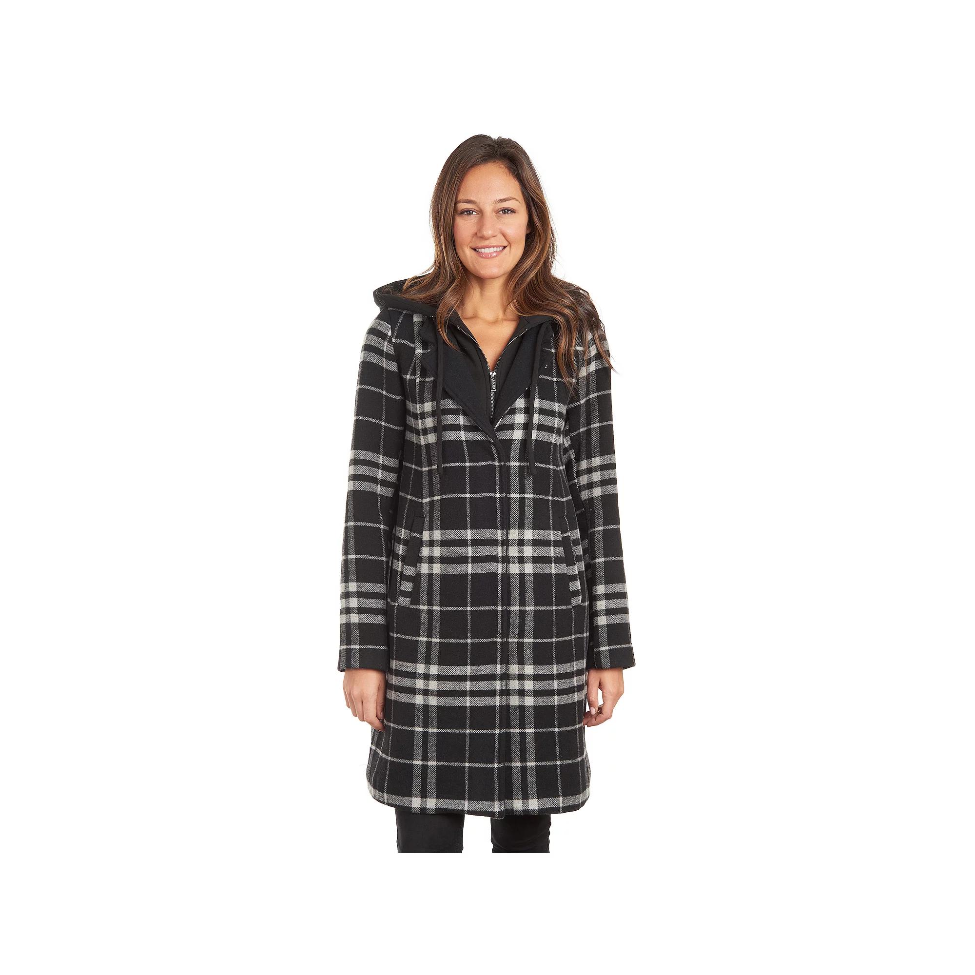 Women's Fleet Street Wool Blend Walker Coat with Inner Hooded Bib, Size: Small, Black White Product Image