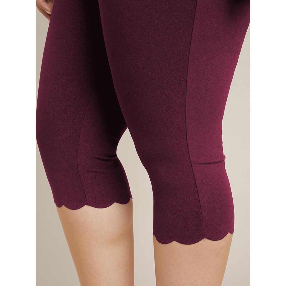 Plus Size Solid Scalloped Trim Elastic Waist Skinny Leggings Women Scarlet Elegant Low stretch Skinny High Rise Everyday Leggings BloomChic 30/6X Product Image