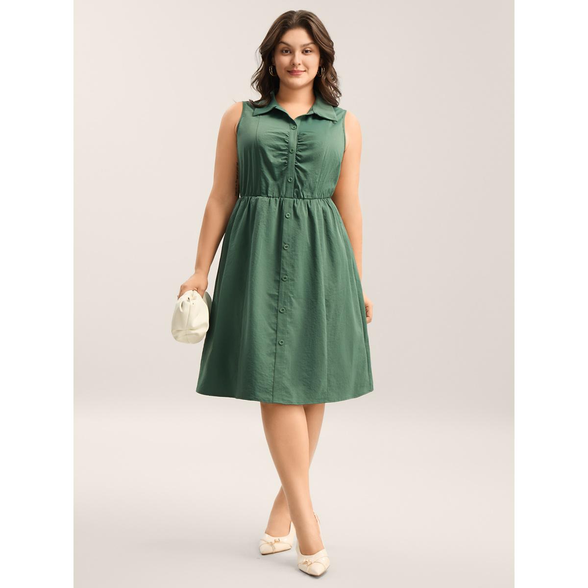 Plus Size Ruched Cinched-Waist Shirt Dress Emerald Women Shirt collar Sleeveless Curvy BloomChic 28/5X Product Image