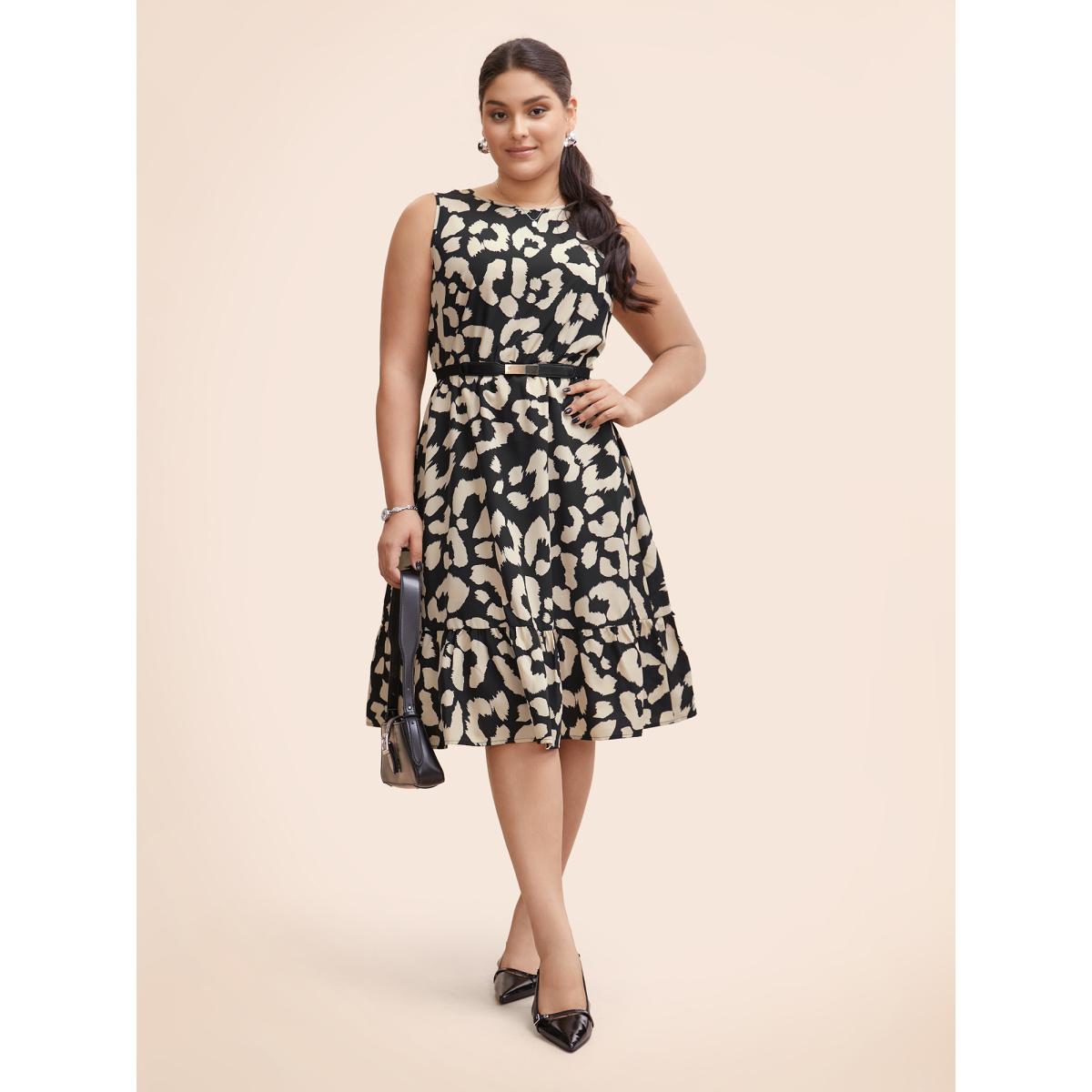 Plus Size Leopard Print Back Tie Knot Tank Dress Black Women At the Office Tie knot Round Neck Sleeveless Curvy BloomChic 26/4X Product Image