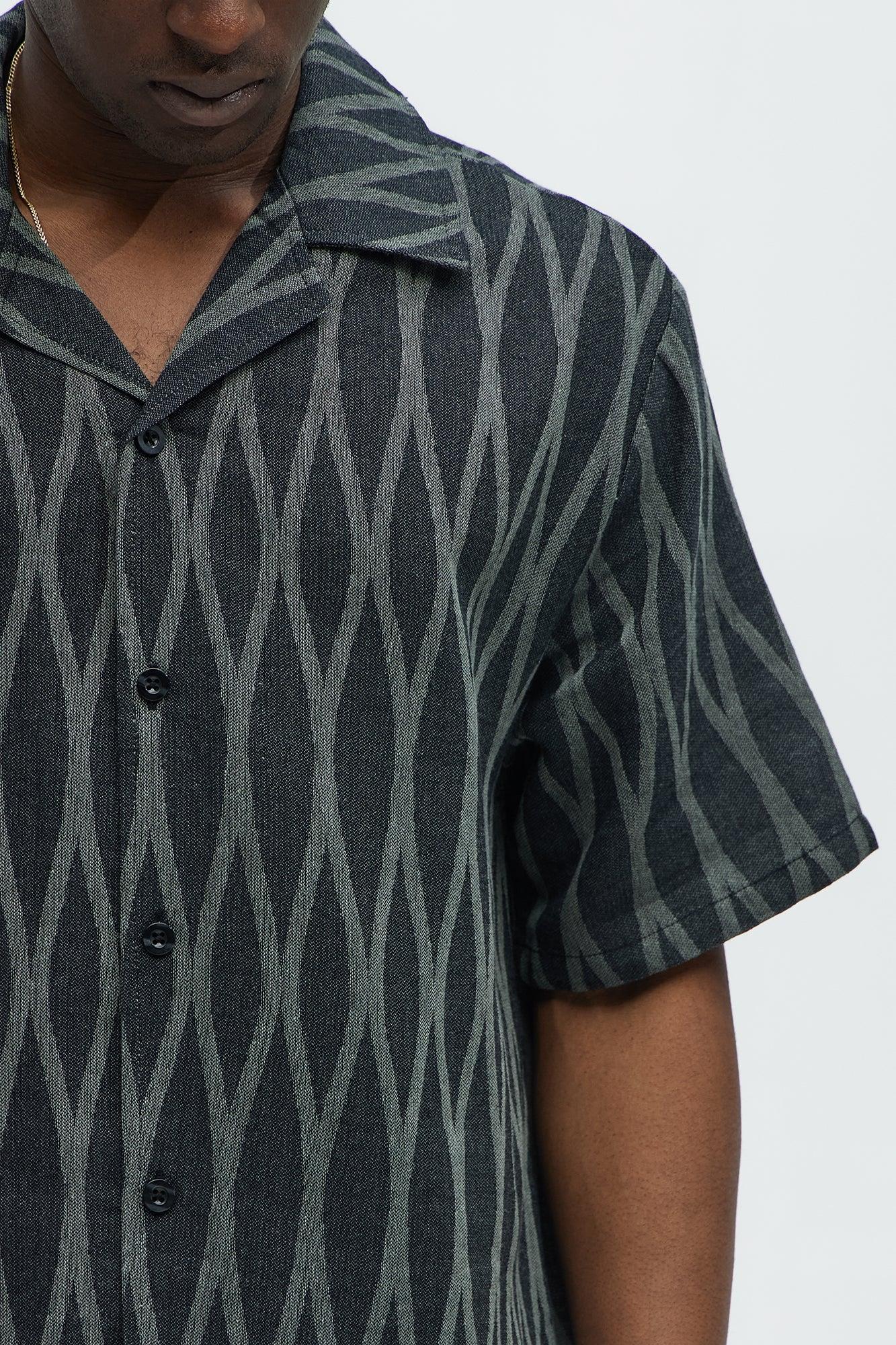 Waved Lines Cuban Collar Button Up Shirt - Black/combo Product Image