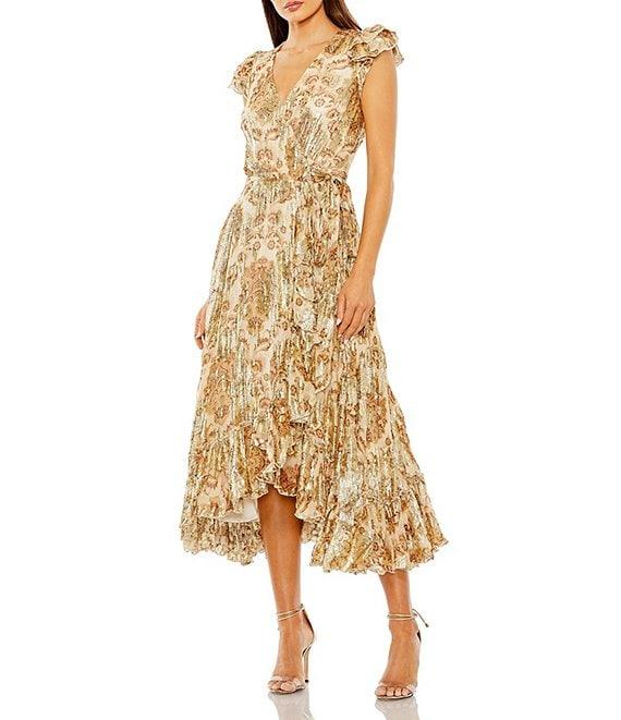 Mac Duggal V-neck Flutter Sleeve Floral Print Chiffon Ruffle Hem Aline Midi Dress Product Image