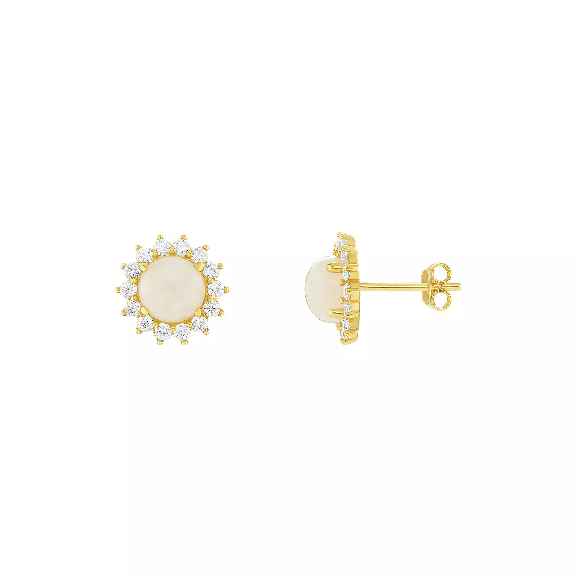 PRIMROSE 18k Gold over Silver Cubic Zirconia & Moonstone Flower Stud Earrings, Women's, Gold Tone White Product Image