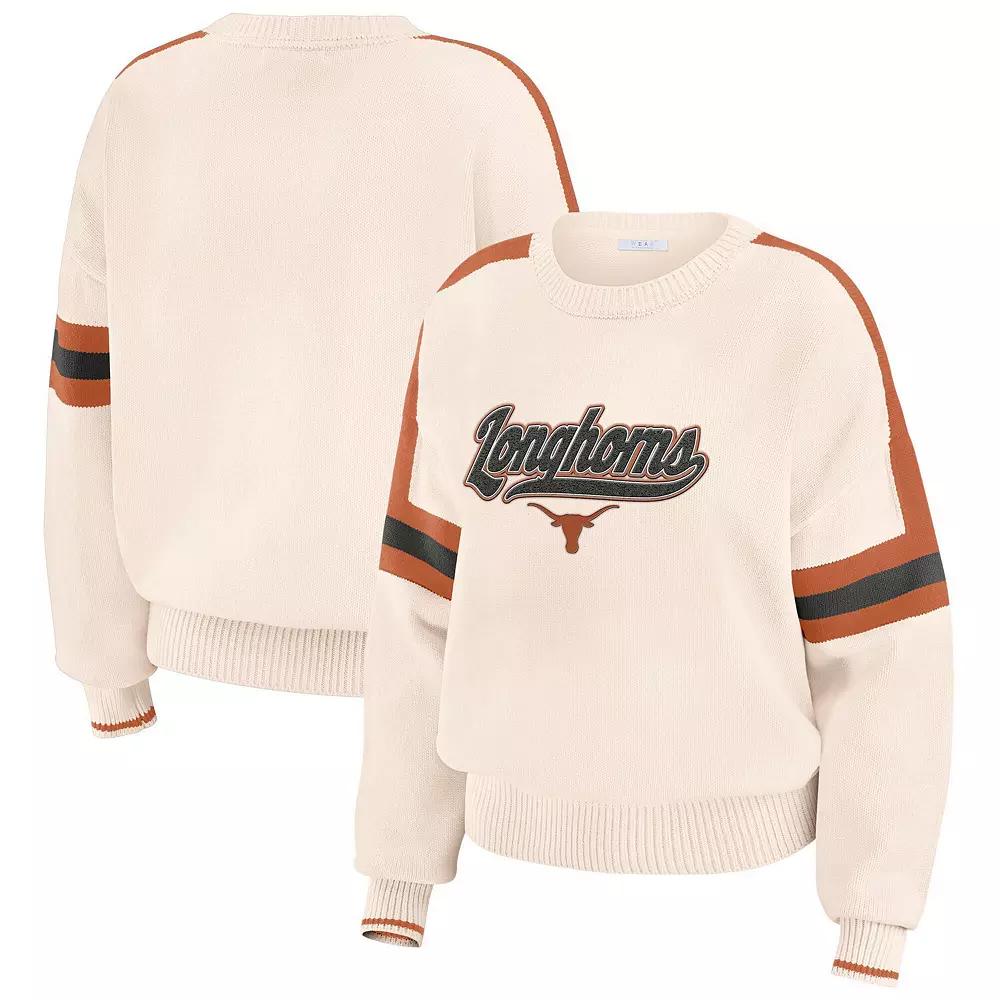 Women's WEAR by Erin Andrews  Cream Texas Longhorns Chenille Woven Patch Stripe Pullover Sweater, Size: XXL, Beige Product Image