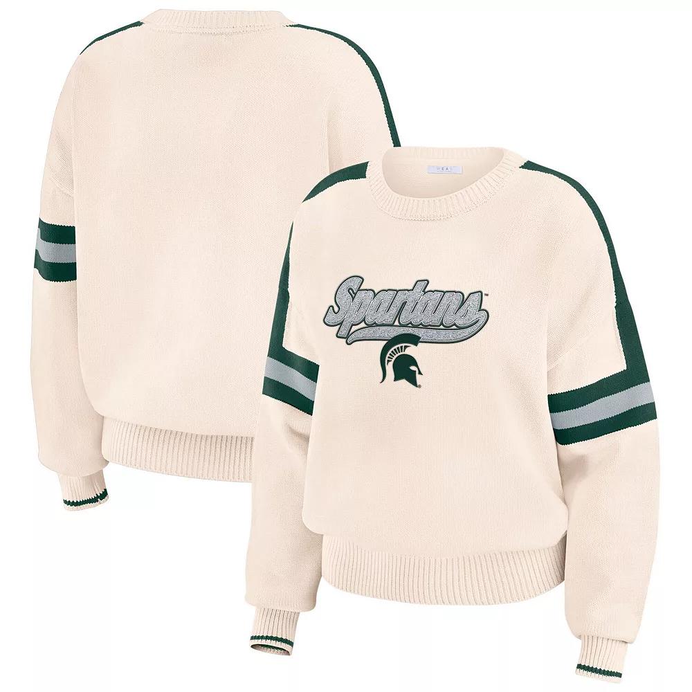Women's WEAR by Erin Andrews Cream Michigan State Spartans Chenille Woven Patch Stripe Pullover Sweater,  Product Image