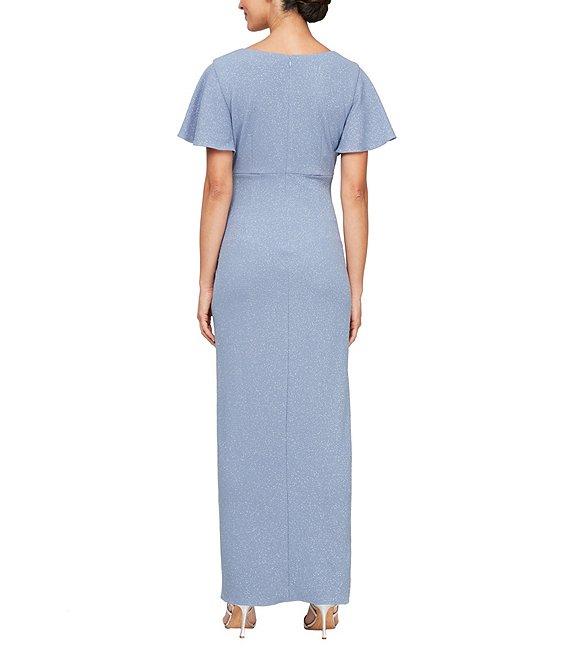 Ignite Evenings Petite Size Short Flutter Sleeve V-Neck Glitter Knit Gown Product Image