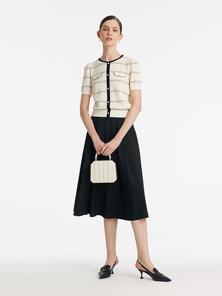 Contrast Trim Striped Knit Top And Half Skirt Two-Piece Set Product Image