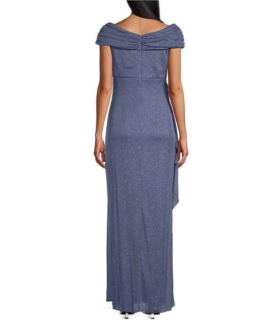 Alex Evenings Embellished Ruched Portrait Neck Cap Sleeve Glitter Mesh Sheath Dress Product Image