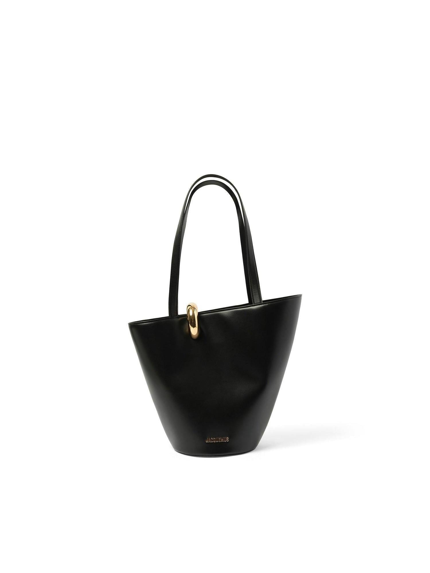 JACQUEMUS The Medium Bambola Asymmetric Leather Bucket Bag In Black 990 Product Image
