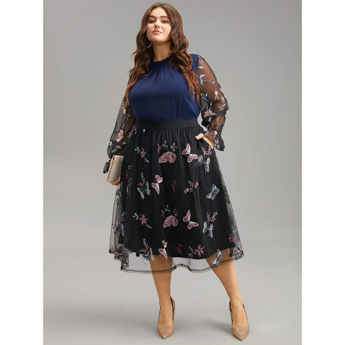 Plus Size Butterfly Embroidered Mesh Elastic Waist Skirt Women Black Party Lace No stretch Pocket Going out Skirts BloomChic 14-16/1X Product Image