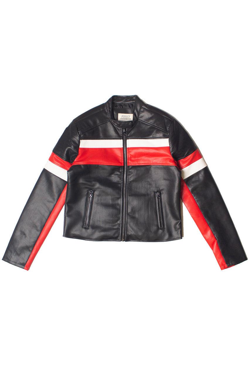 Racing Stripe Pleather Moto Jacket Product Image