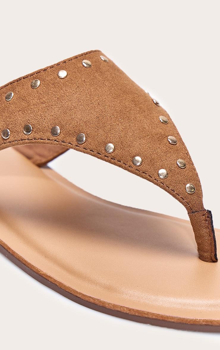 Tan Faux Suede Stud Detail Toe Thong Flat Sandals Product Image