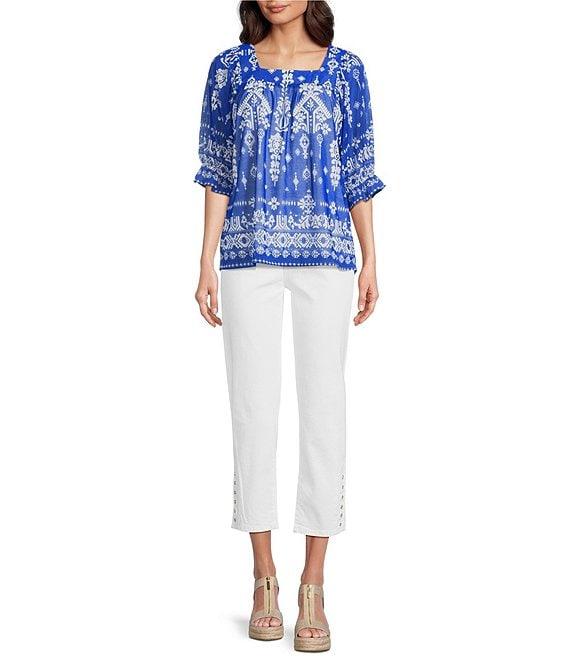 Calessa Mesh Knit Border Henna Printed Square Neck 3/4 Sleeve Tunic Product Image