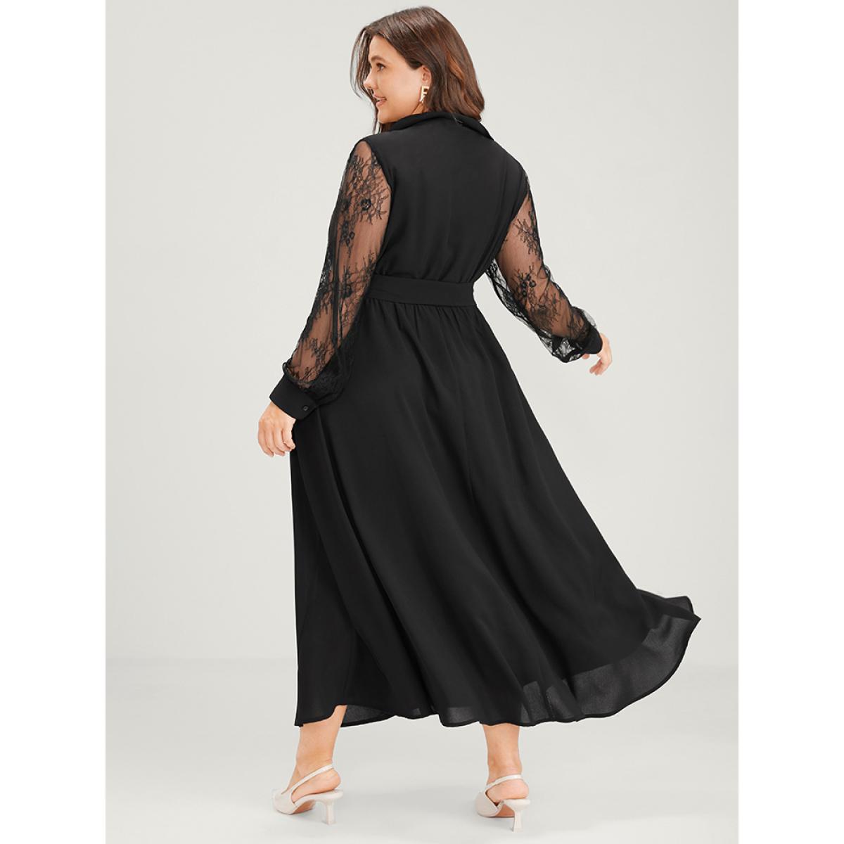 Plus Size Solid Lace Lantern Sleeve Button Lapel Collar Belted Maxi Dress Black Women Elegant Cross straps Lapel Collar Long Sleeve Curvy Long Dress BloomChic 22-24/3X Product Image
