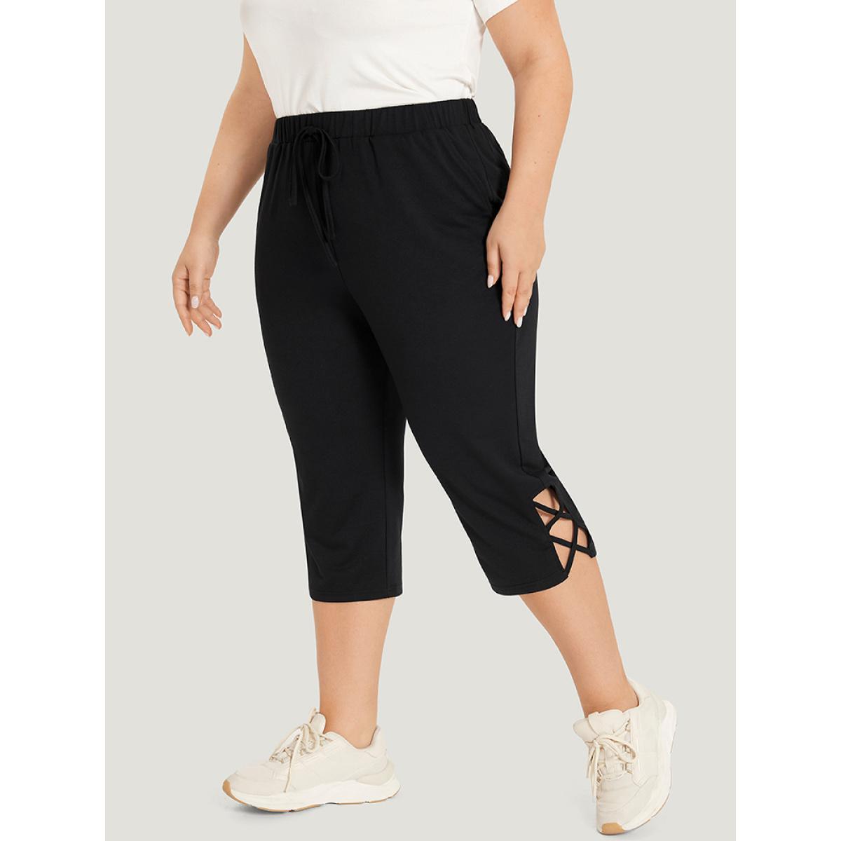 Plain Slant Pocket Crisscross Hem Skinny Sweatpants Black Plus Size Women Casual Dailywear Cross straps 14-16/1X Bloomchic Product Image
