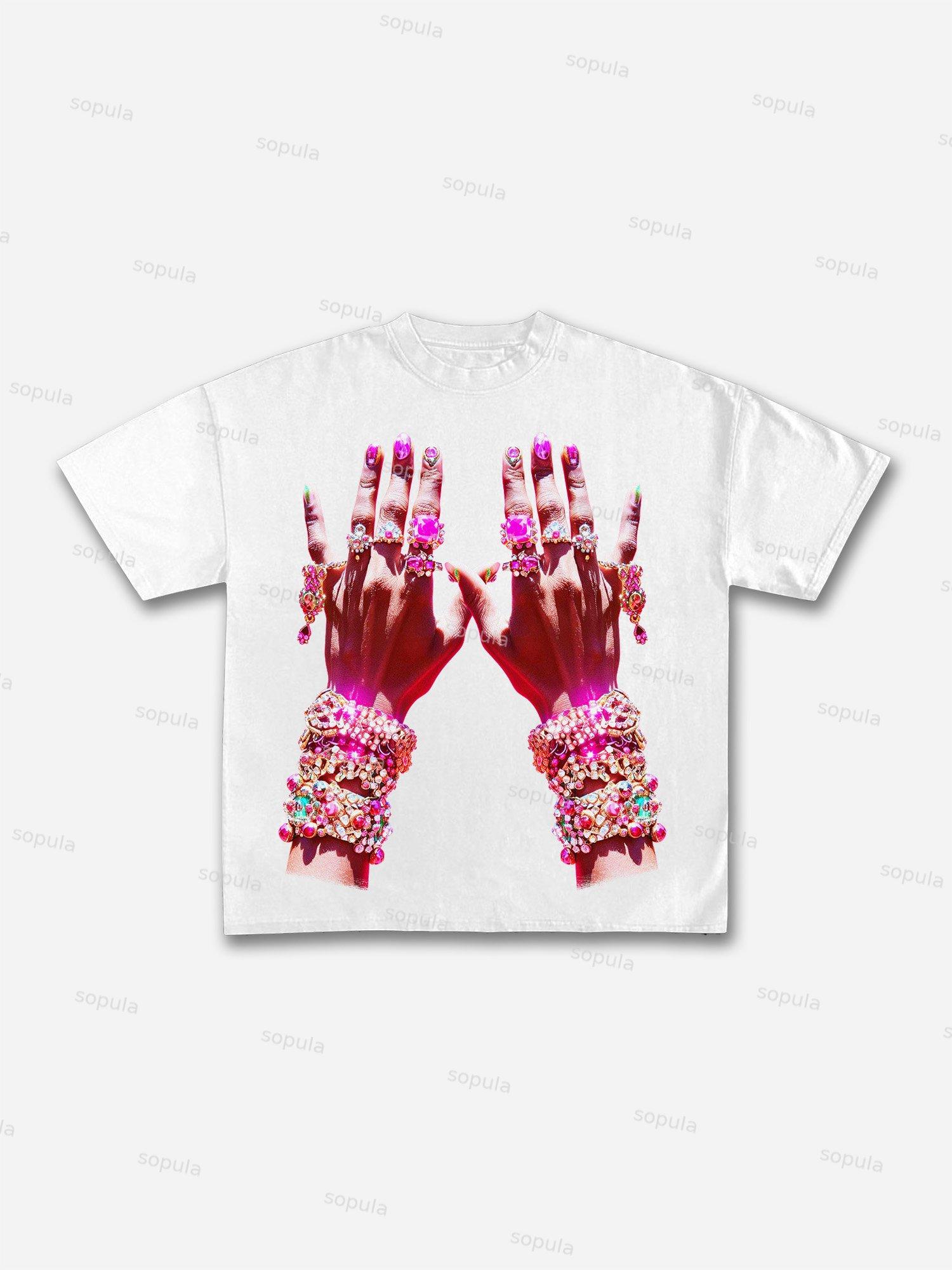 Diamond Decorated Hands Print Cotton T-shirt Product Image