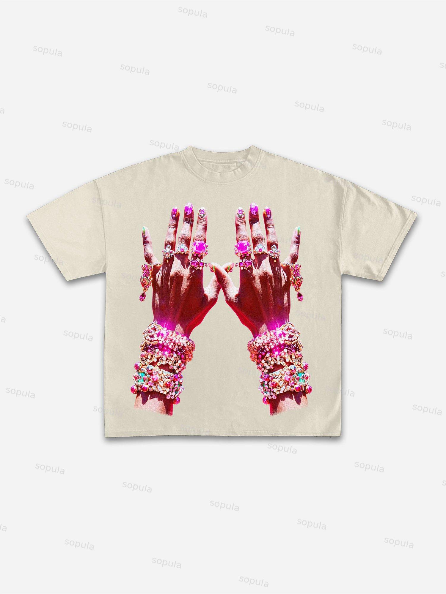 Diamond Decorated Hands Print Cotton T-shirt Product Image