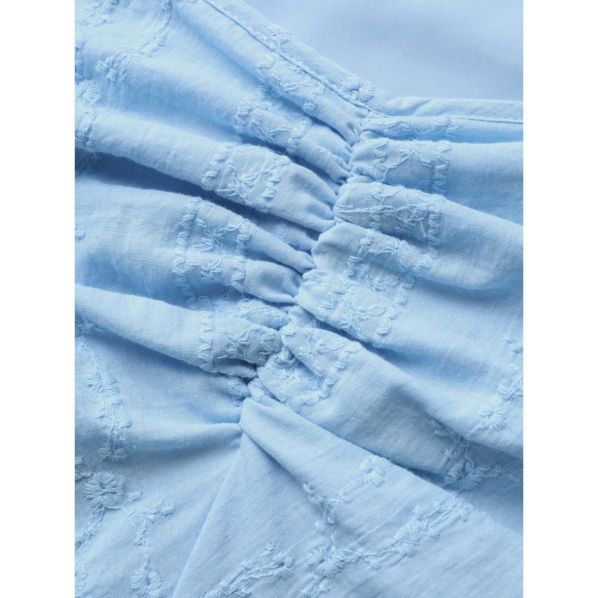 Plus Size Floral Chain Embroidered Ruched Midi Dress LightBlue Women Elegant Heart neckline Short sleeve Curvy BloomChic 12/L Product Image