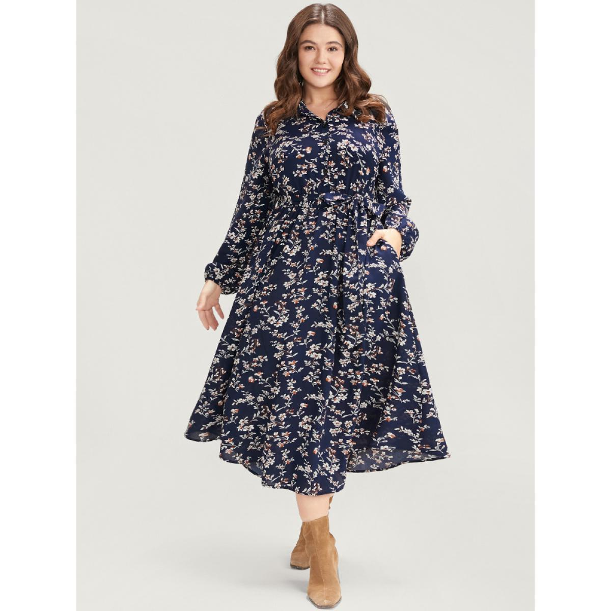 Plus Size Ditsy Floral Pocket Lantern Sleeve Belted Shirt Collar Dress Navy Women Elegant Button Shirt collar Long Sleeve Curvy Midi Dress BloomChic 26/4X Product Image