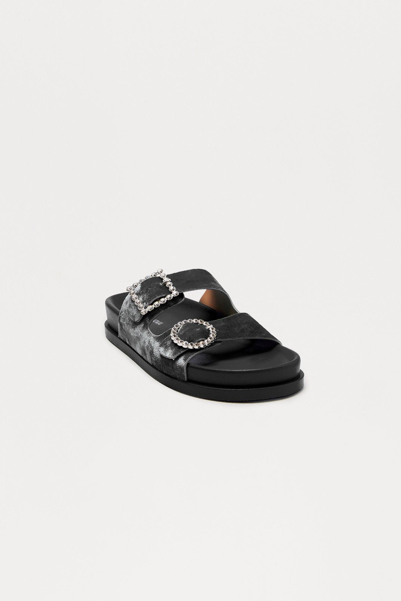 Ivona Rhinestone Buckle Velvet Sandals - Black Female Product Image