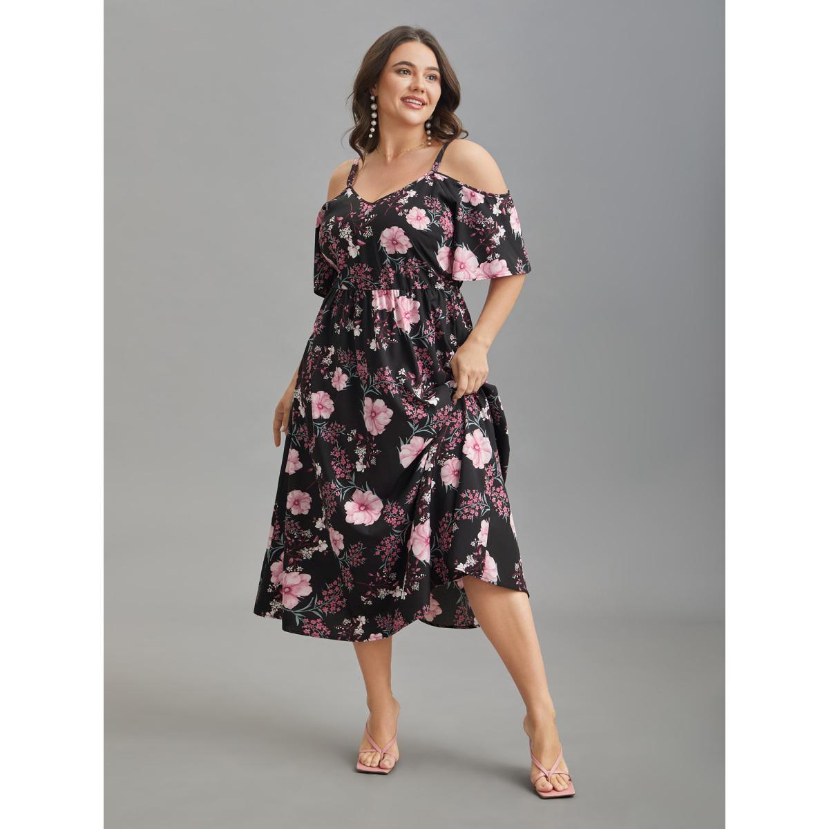 Plus Size Floral Print Cold-Shoulder Pockets Midi Dress Black Women Romantic Non Heart neckline Short sleeve Curvy BloomChic 26/4X Product Image