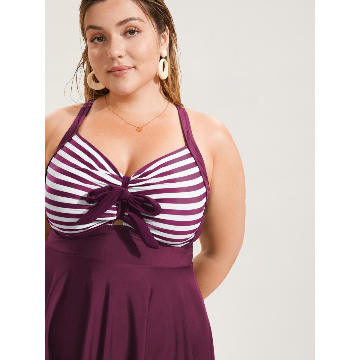Plus Size Stripes Patchwork Tie Knot Cross Straps Swim Dress Women's Swimwear Deeppurplered Beach Bodycon Heart neckline High stretch Curve Swim Dresses BloomChic 10/M Product Image