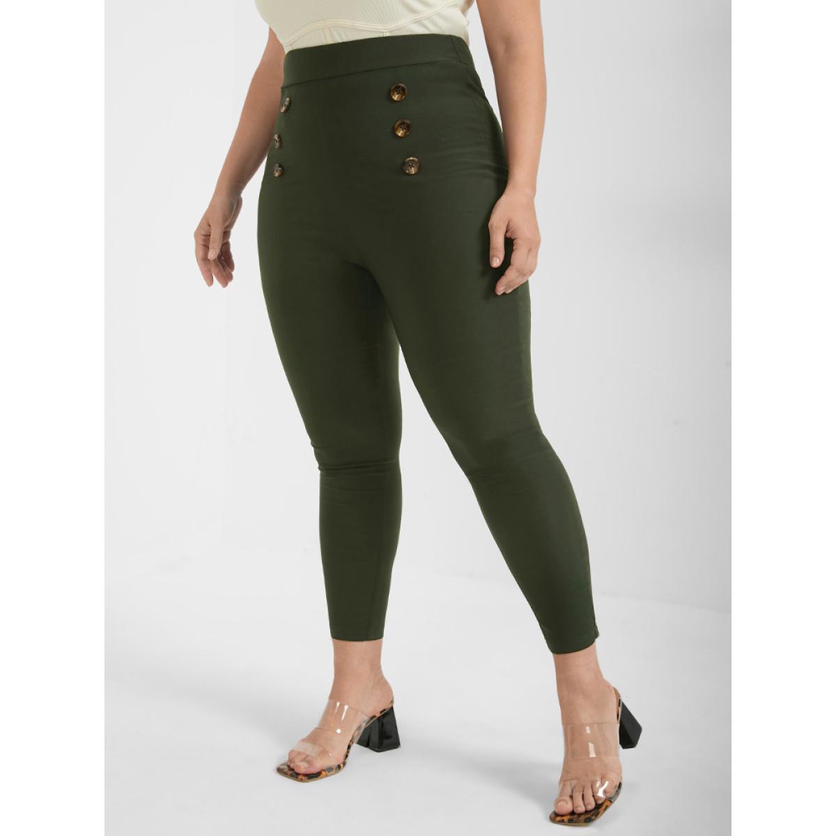Plus Size Solid Button Skinny Pants Women ArmyGreen Office Skinny High Rise Office Pants BloomChic 26/4X Product Image