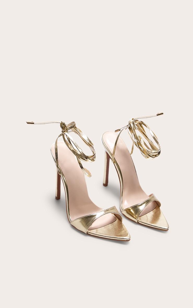 Gold PU Point Toe High Heeled Lace Up Sandals Product Image