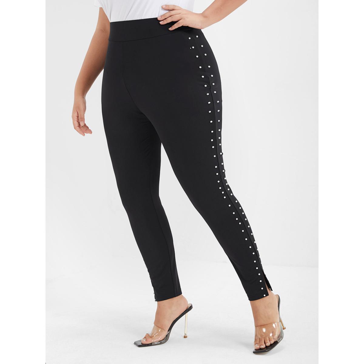 Plus Size Solid Beaded Split Hem Skinny Leggings Women Black Party Low stretch Skinny High Rise Going out Leggings BloomChic 18-20/2X Product Image