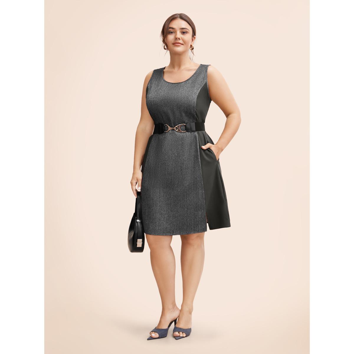 Plus Size Stretch Woven Seamed Fiited Midi Dress Black Women At the Office Contrast Round Neck Sleeveless Curvy BloomChic 28/5X Product Image